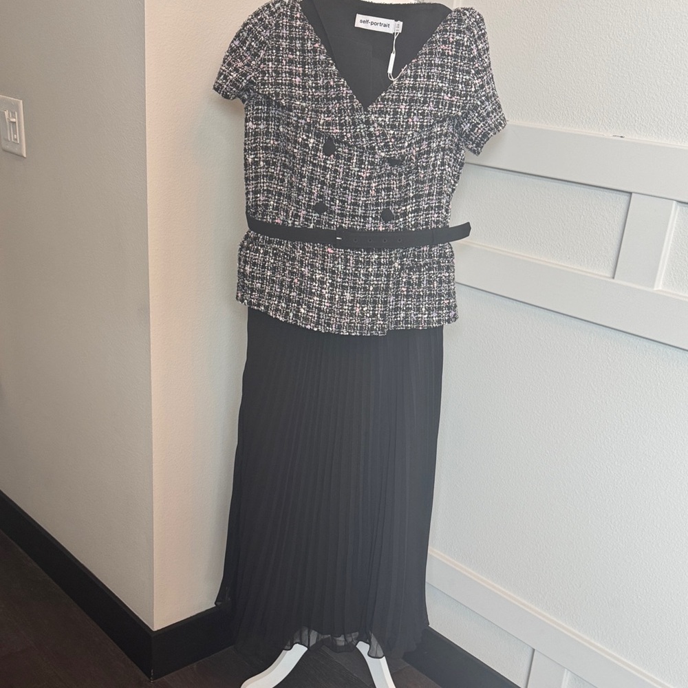 Self-Portrait Black Off Shoulder Boucle Midi Dress